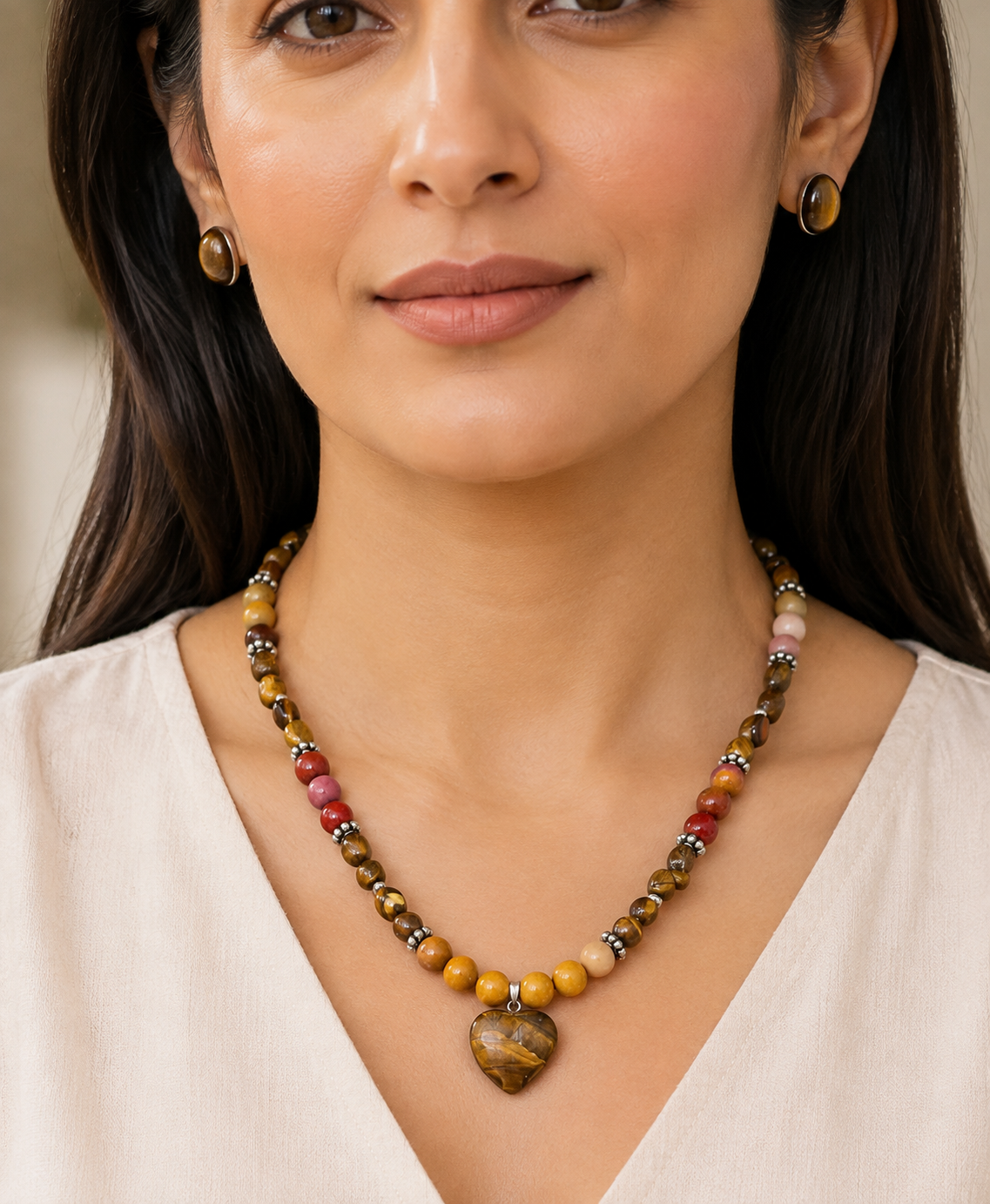 Golden Heart Mookaite Jasper & Tiger’s Eye Necklace with Tiger’s Eye Stud Earrings