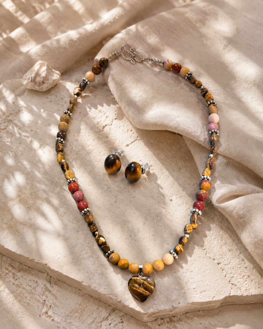 Golden Heart Mookaite Jasper & Tiger’s Eye Necklace with Tiger’s Eye Stud Earrings