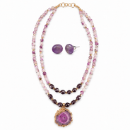 Lavender Orbit Two-Layer Solar Pendant Necklace with Amethyst Stud Earrings