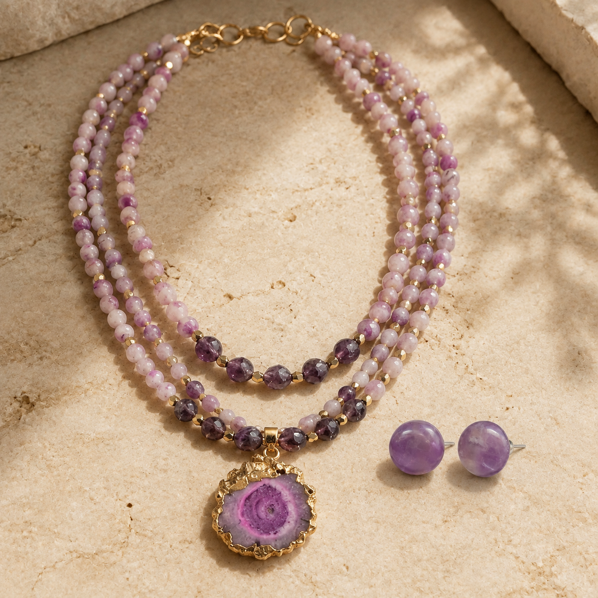 Lavender Orbit Two-Layer Solar Pendant Necklace with Amethyst Stud Earrings