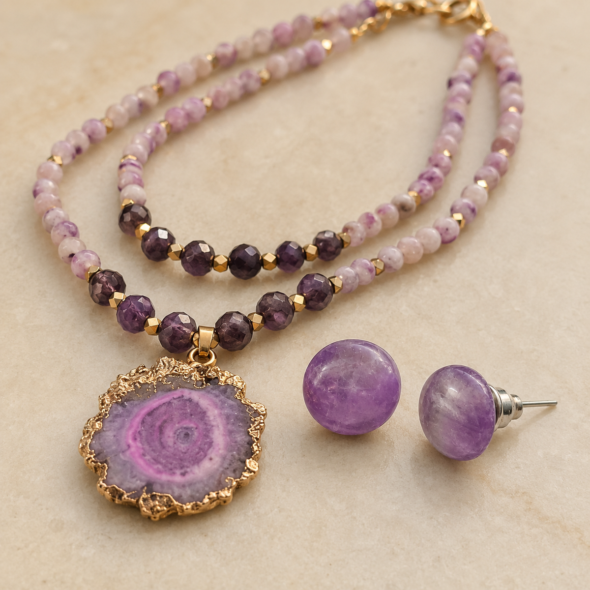 Lavender Orbit Two-Layer Solar Pendant Necklace with Amethyst Stud Earrings