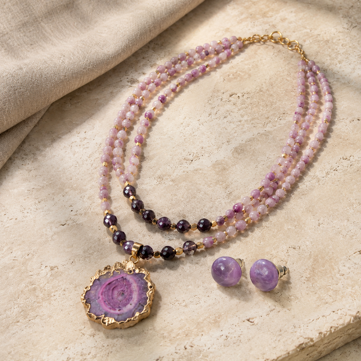 Lavender Orbit Two-Layer Solar Pendant Necklace with Amethyst Stud Earrings