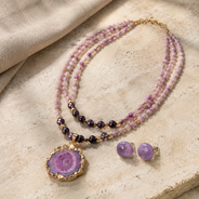 Lavender Orbit Two-Layer Solar Pendant Necklace with Amethyst Stud Earrings