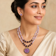 Lavender Orbit Two-Layer Solar Pendant Necklace with Amethyst Stud Earrings