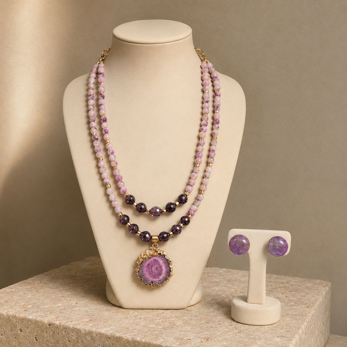 Lavender Orbit Two-Layer Solar Pendant Necklace with Amethyst Stud Earrings