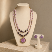 Lavender Orbit Two-Layer Solar Pendant Necklace with Amethyst Stud Earrings