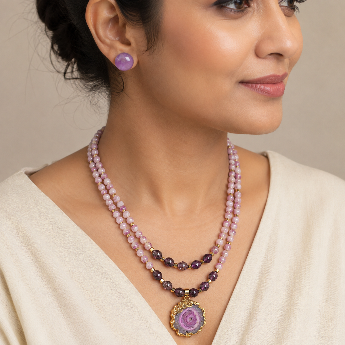 Lavender Orbit Two-Layer Solar Pendant Necklace with Amethyst Stud Earrings