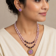 Lavender Orbit Two-Layer Solar Pendant Necklace with Amethyst Stud Earrings