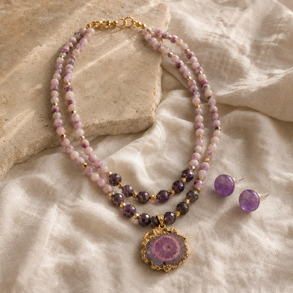 Lavender Orbit Two-Layer Solar Pendant Necklace with Amethyst Stud Earrings
