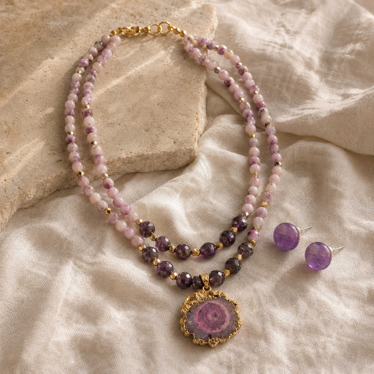 Lavender Orbit Two-Layer Solar Pendant Necklace with Amethyst Stud Earrings