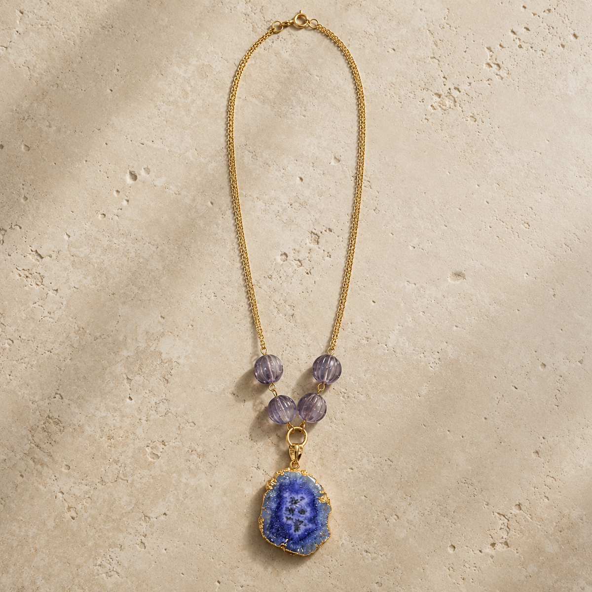 Indigo Bloom Blue Agate Slice Pendant Necklace