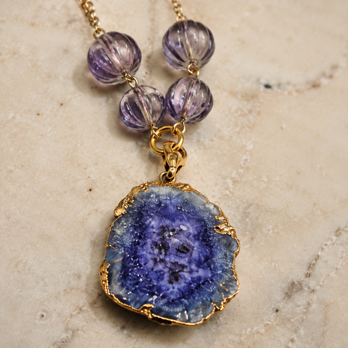 Indigo Bloom Blue Agate Slice Pendant Necklace