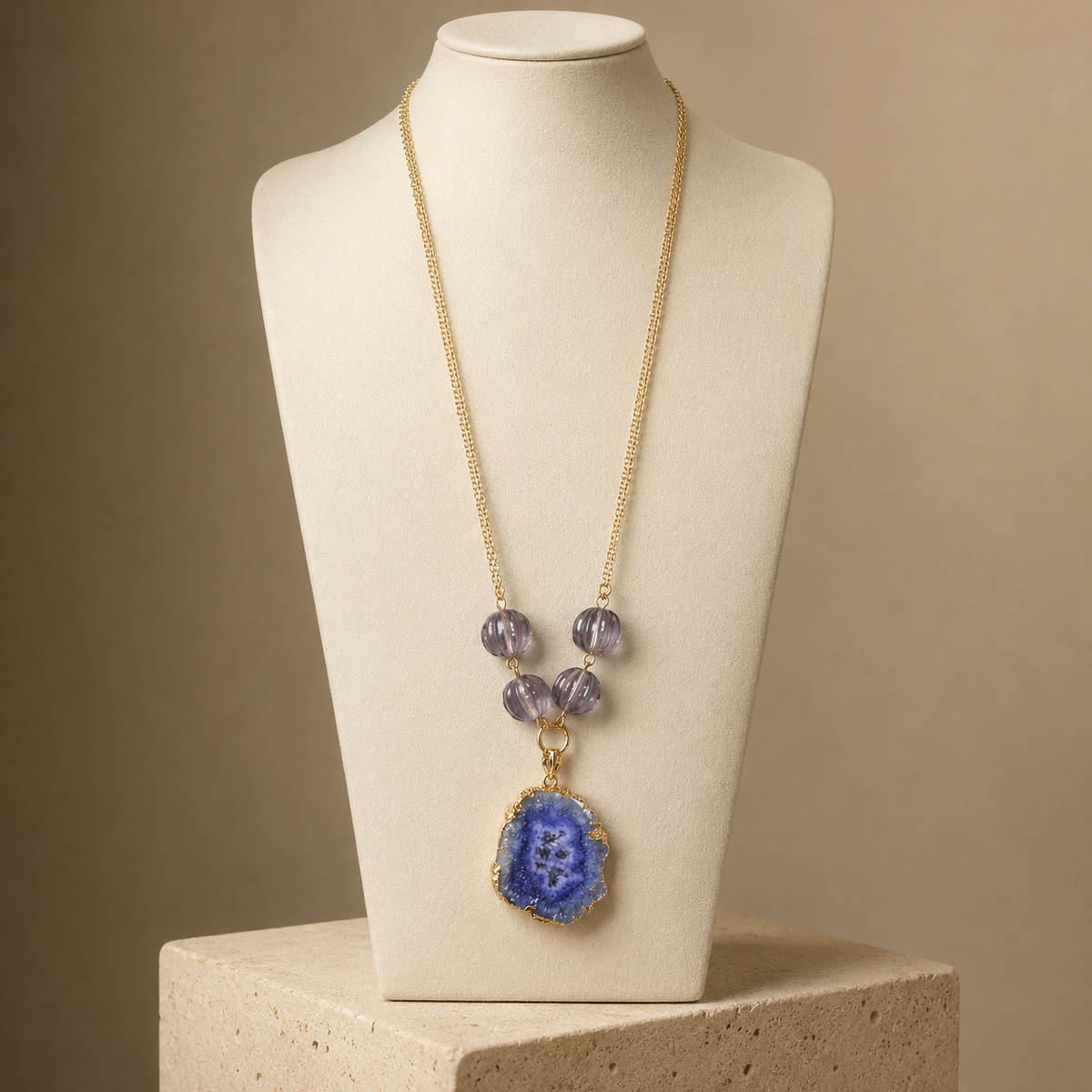 Indigo Bloom Blue Agate Slice Pendant Necklace