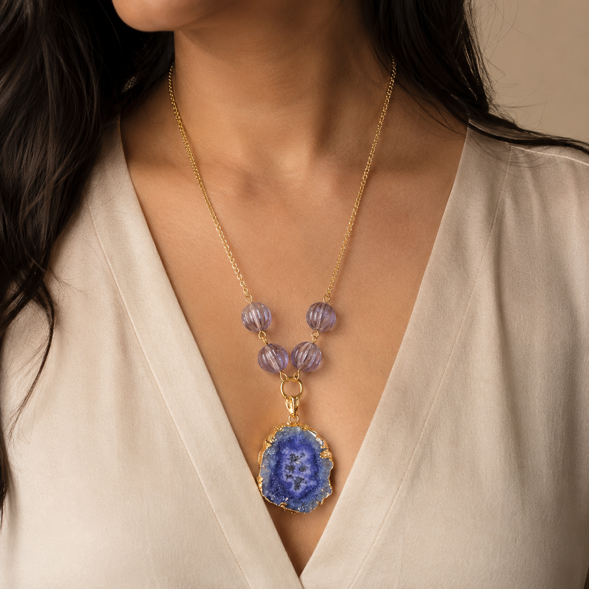 Indigo Bloom Blue Agate Slice Pendant Necklace