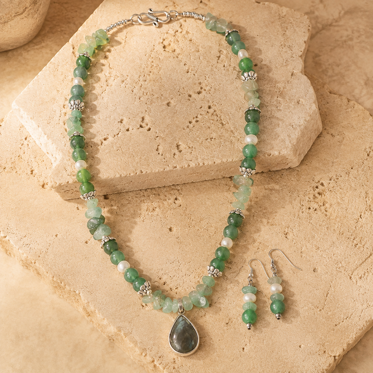 Emerald Dew Aventurine & Agate Pendant Necklace Set
