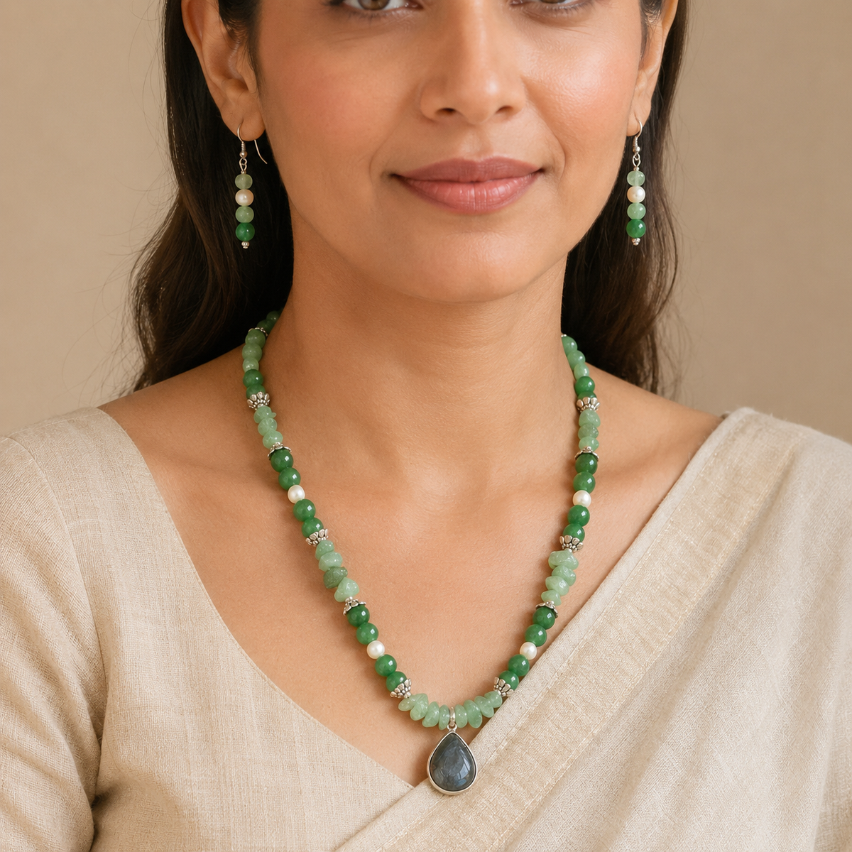 Emerald Dew Aventurine & Agate Pendant Necklace Set