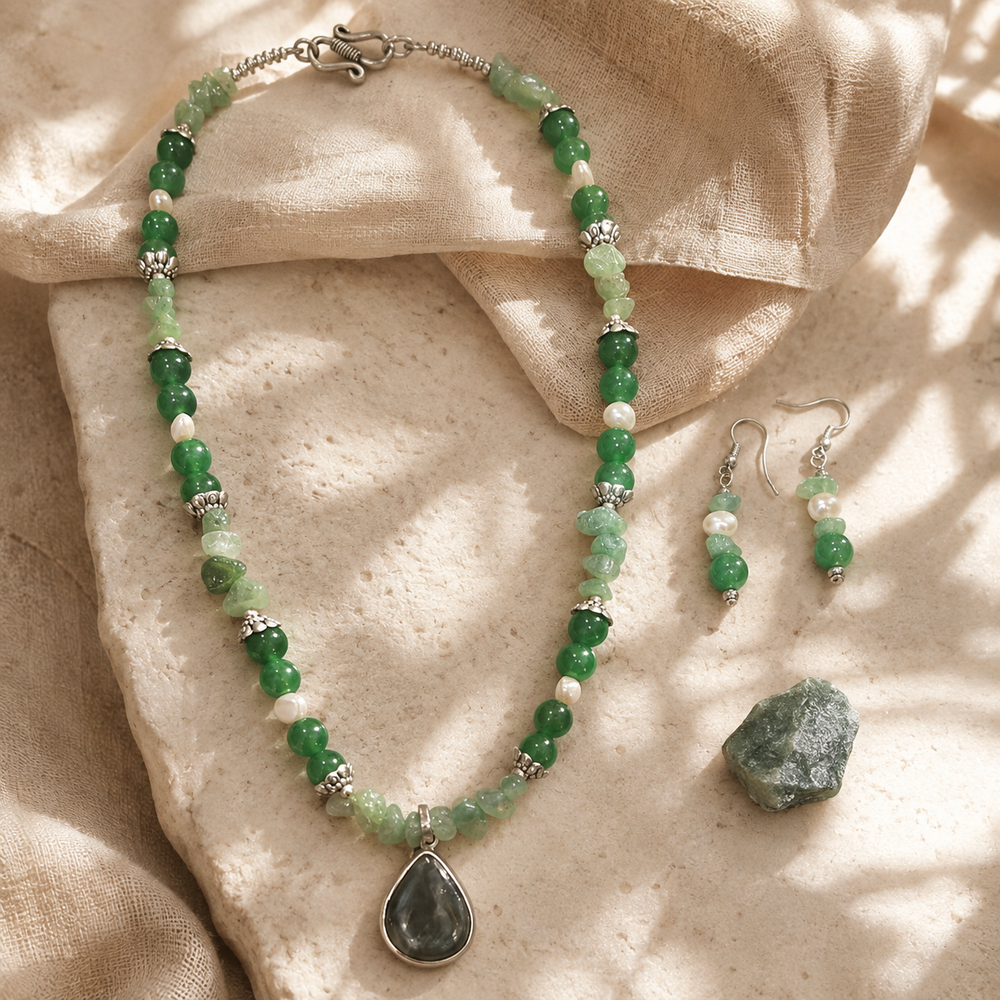 Aventurine & Green Agate Necklace Set in a styled flat lay