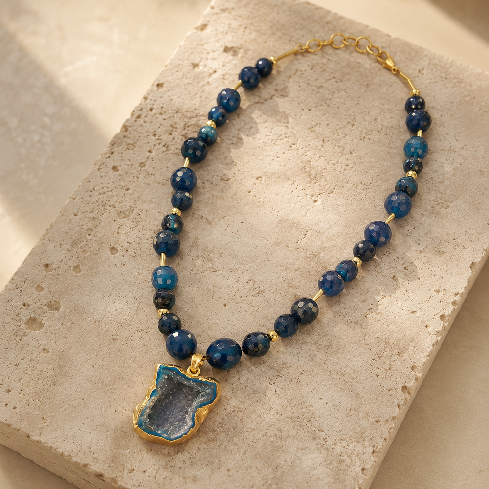 Midnight Tide Blue Onyx Geode Pendant Necklace