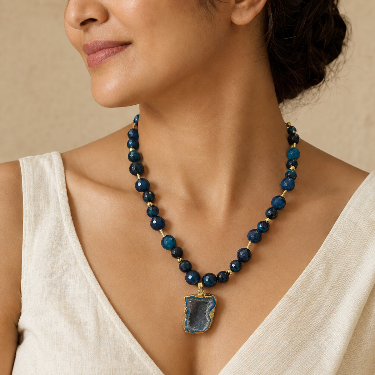 Midnight Tide Blue Onyx Geode Pendant Necklace