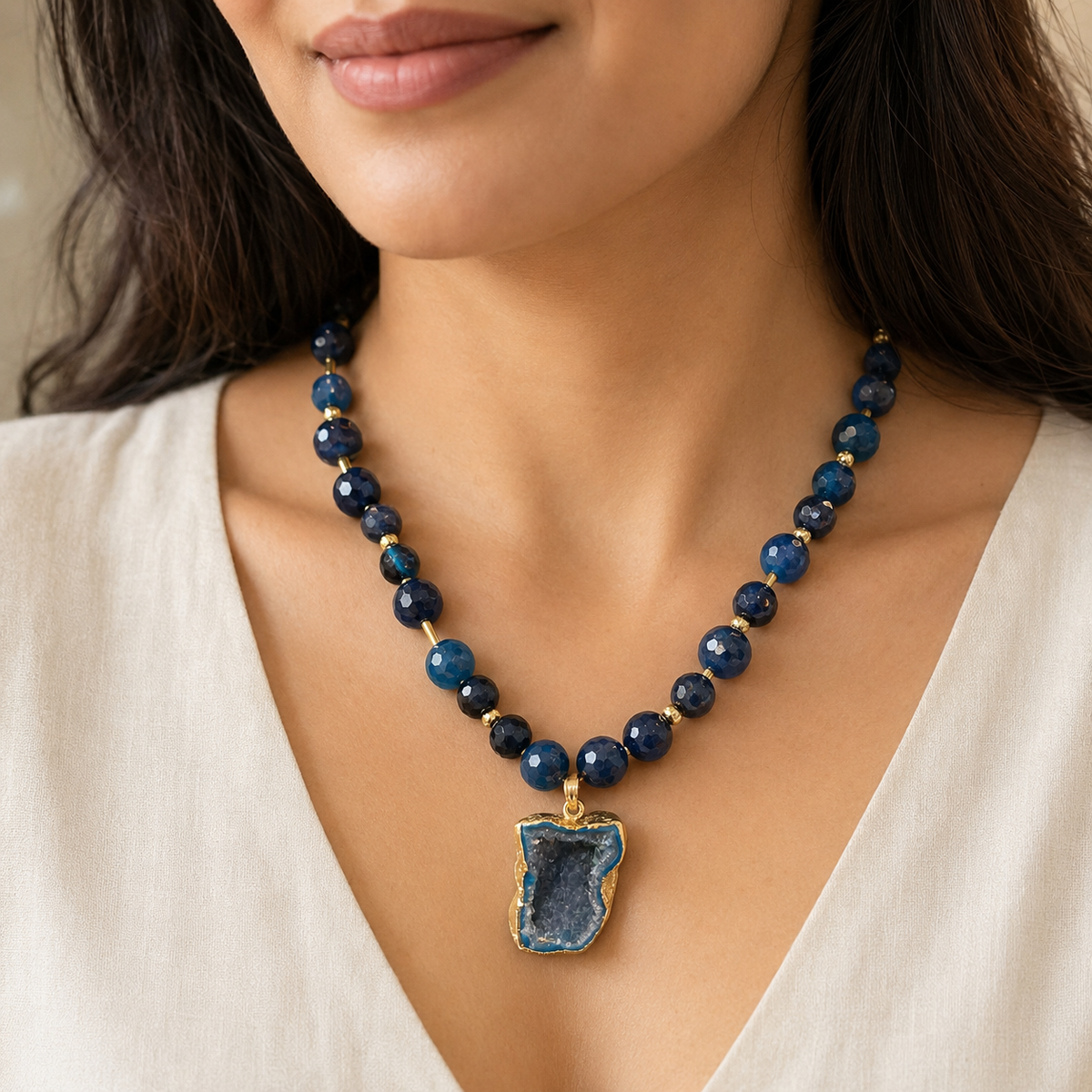 Midnight Tide Blue Onyx Geode Pendant Necklace