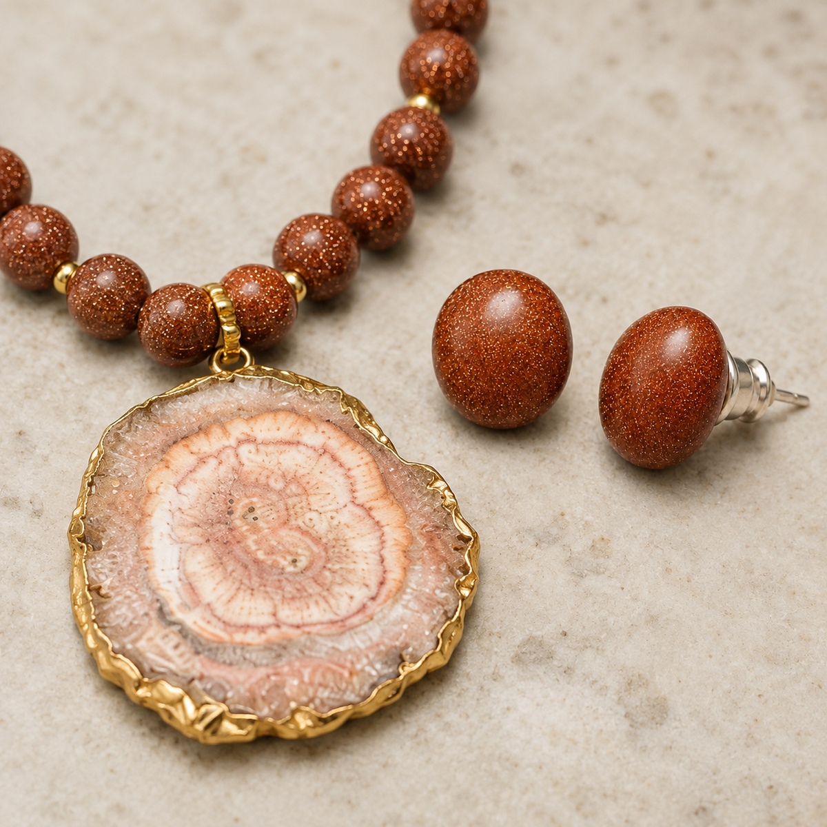 Desert Gleam Gold Sandstone Slice Pendant Necklace & Sandstone Stud Earring