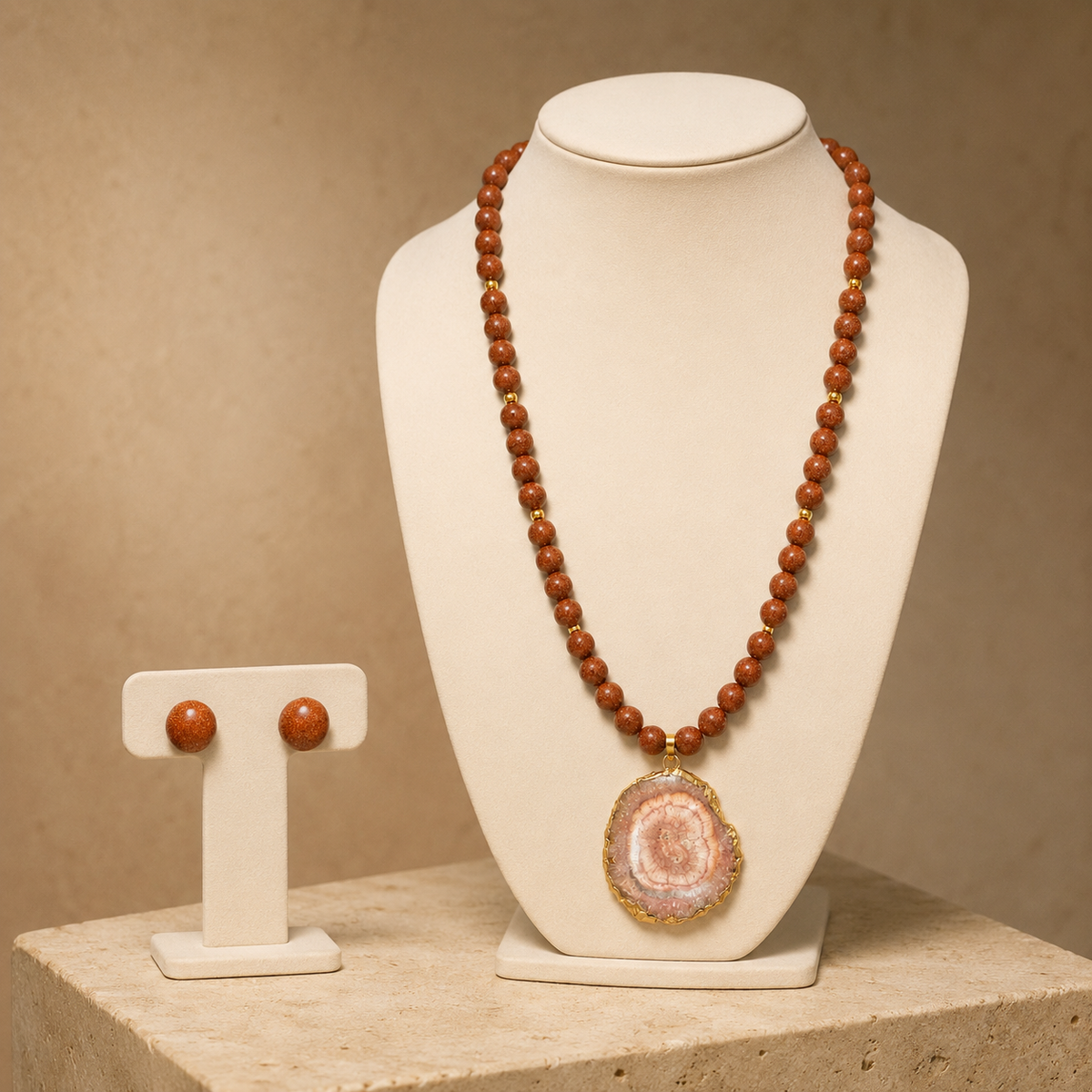 Desert Gleam Gold Sandstone Slice Pendant Necklace & Sandstone Stud Earring