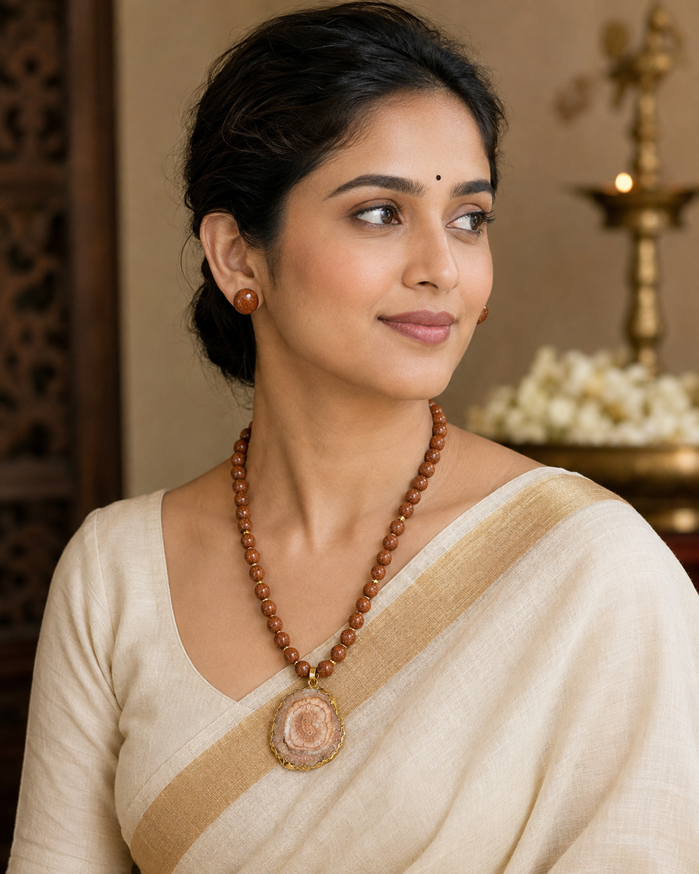 Desert Gleam Gold Sandstone Slice Pendant Necklace & Sandstone Stud Earring