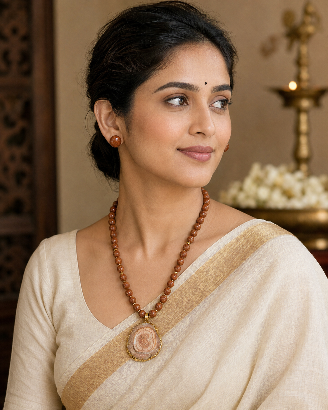 Desert Gleam Gold Sandstone Slice Pendant Necklace & Sandstone Stud Earring
