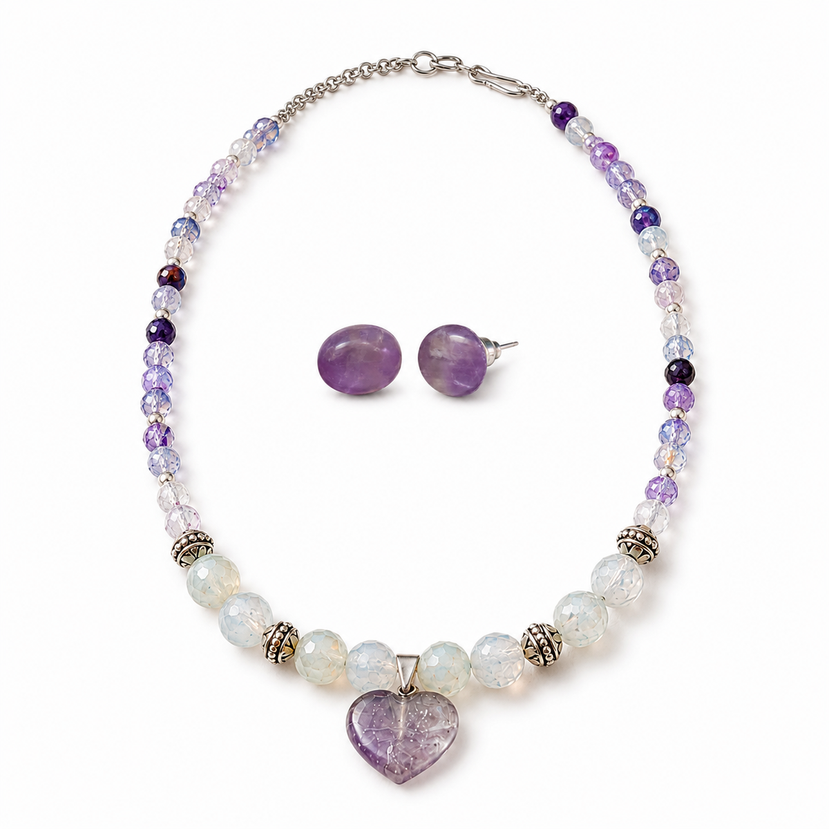 Amethyst Moon Heart Pendant Necklace & Amethyst Stud Earring