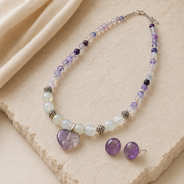 Amethyst Moon Heart Pendant Necklace & Amethyst Stud Earring