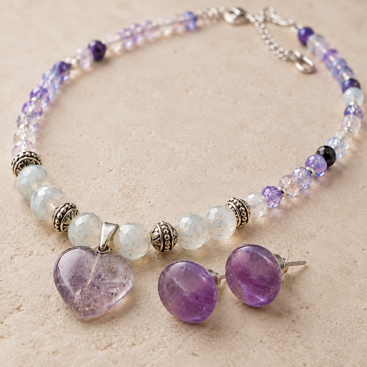 Amethyst Moon Heart Pendant Necklace & Amethyst Stud Earring