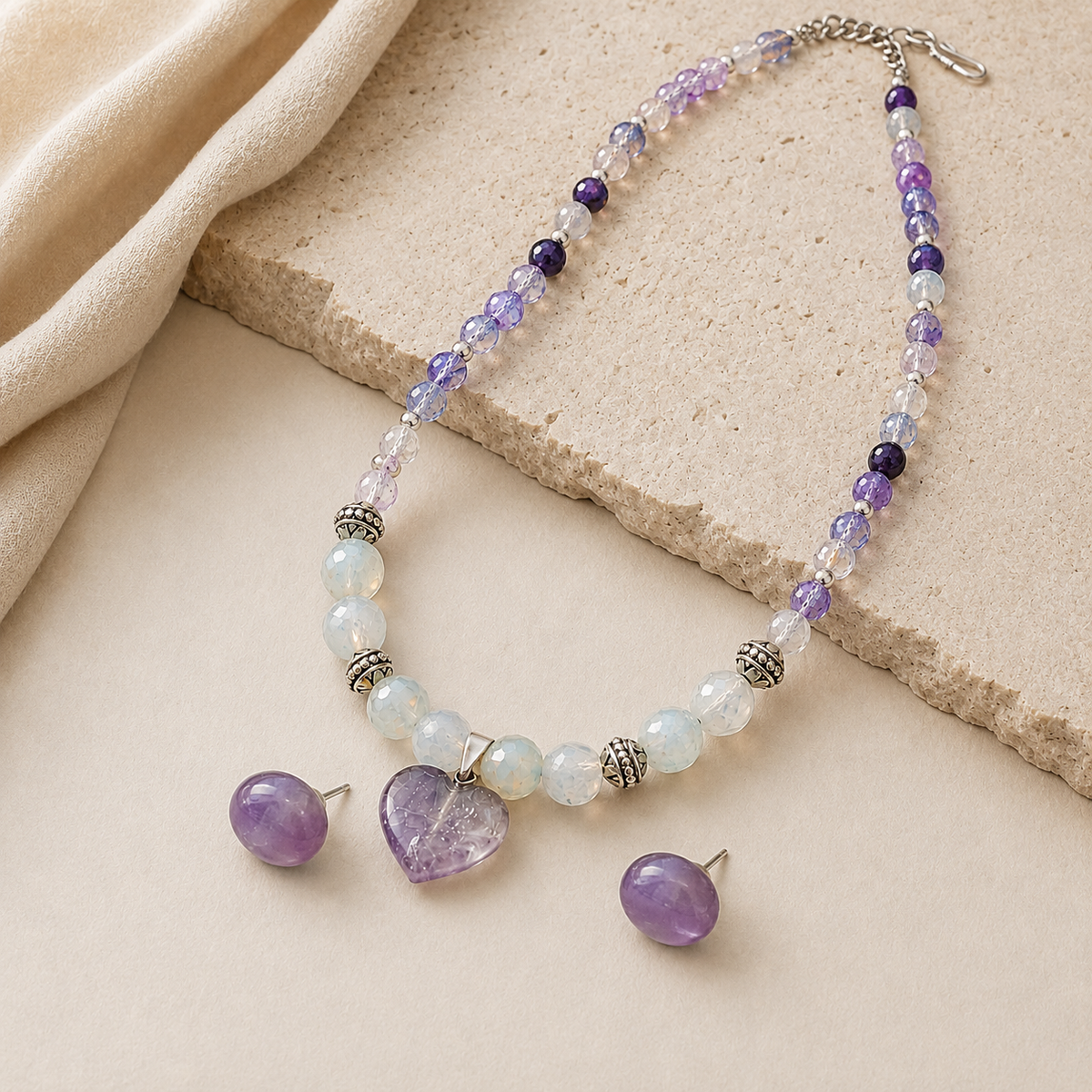 Amethyst Moon Heart Pendant Necklace & Amethyst Stud Earring