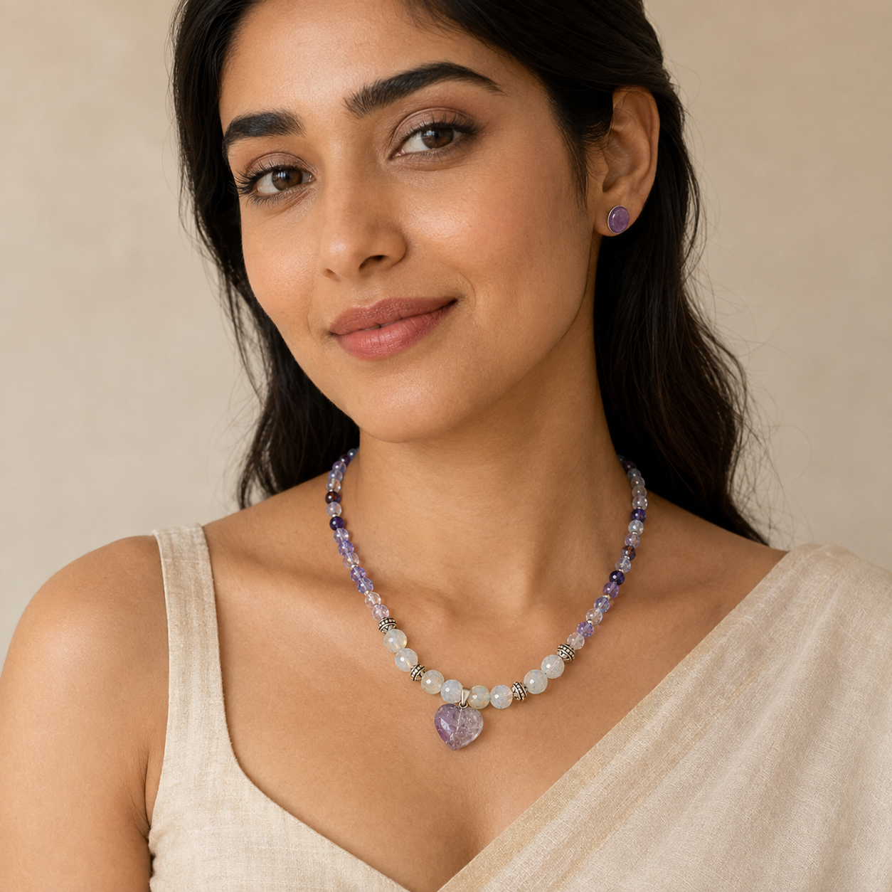 Amethyst Moon Heart Pendant Necklace & Amethyst Stud Earring