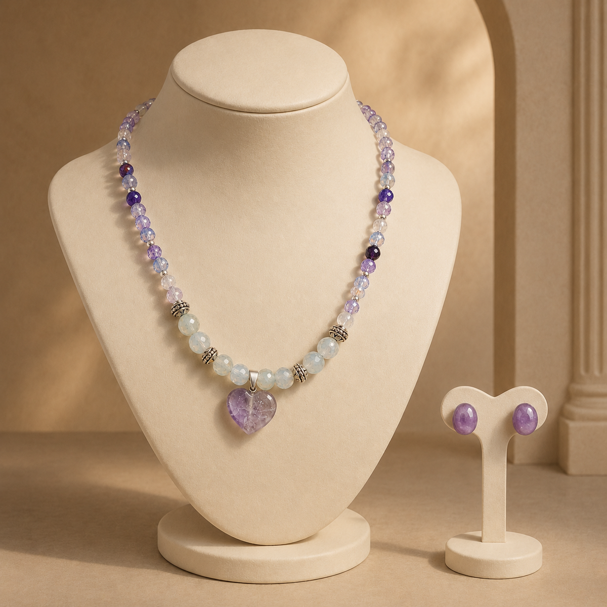 Amethyst Moon Heart Pendant Necklace & Amethyst Stud Earring