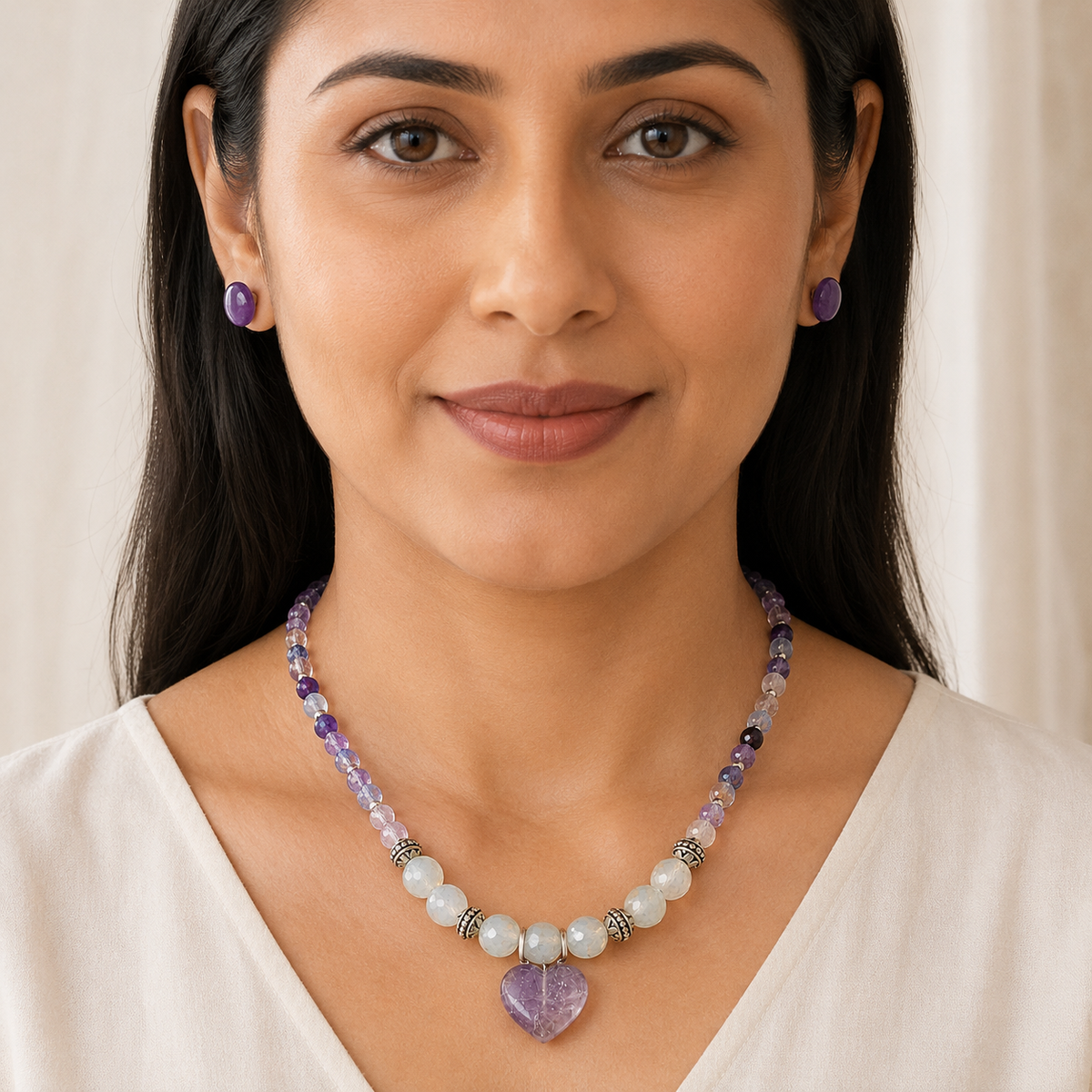 Amethyst Moon Heart Pendant Necklace & Amethyst Stud Earring