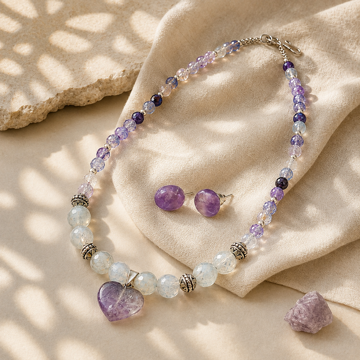 Amethyst Moon Heart Pendant Necklace & Amethyst Stud Earring