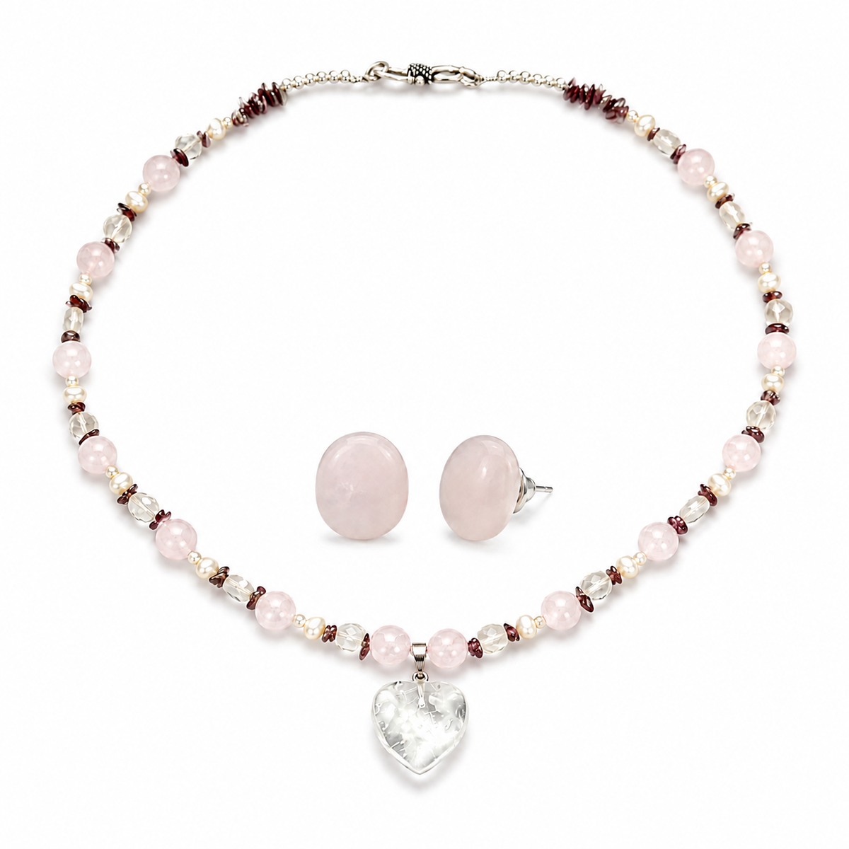 Blush Agate Heart Pendant Necklace Set in a stone and bead detail view
