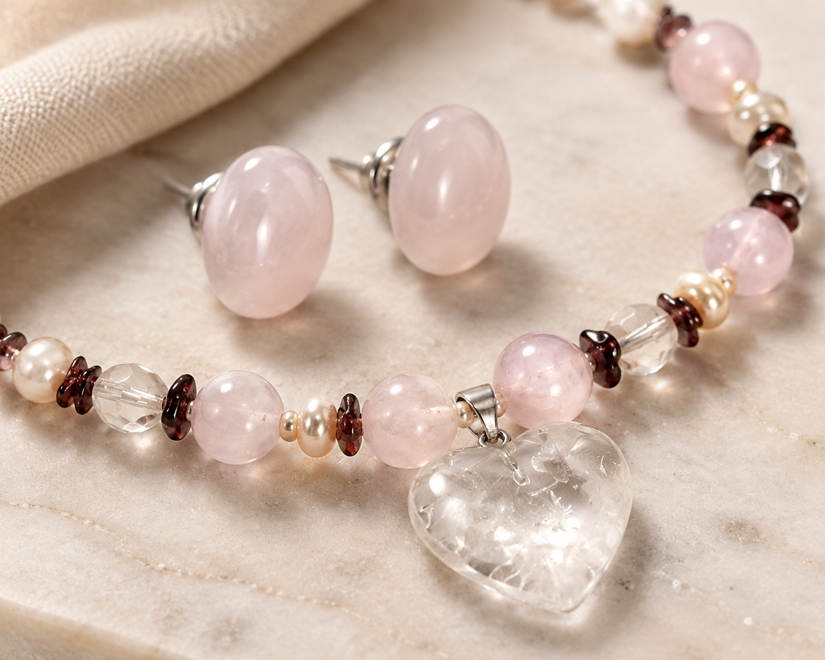 Blush Agate Heart Pendant Necklace Set in a full product view