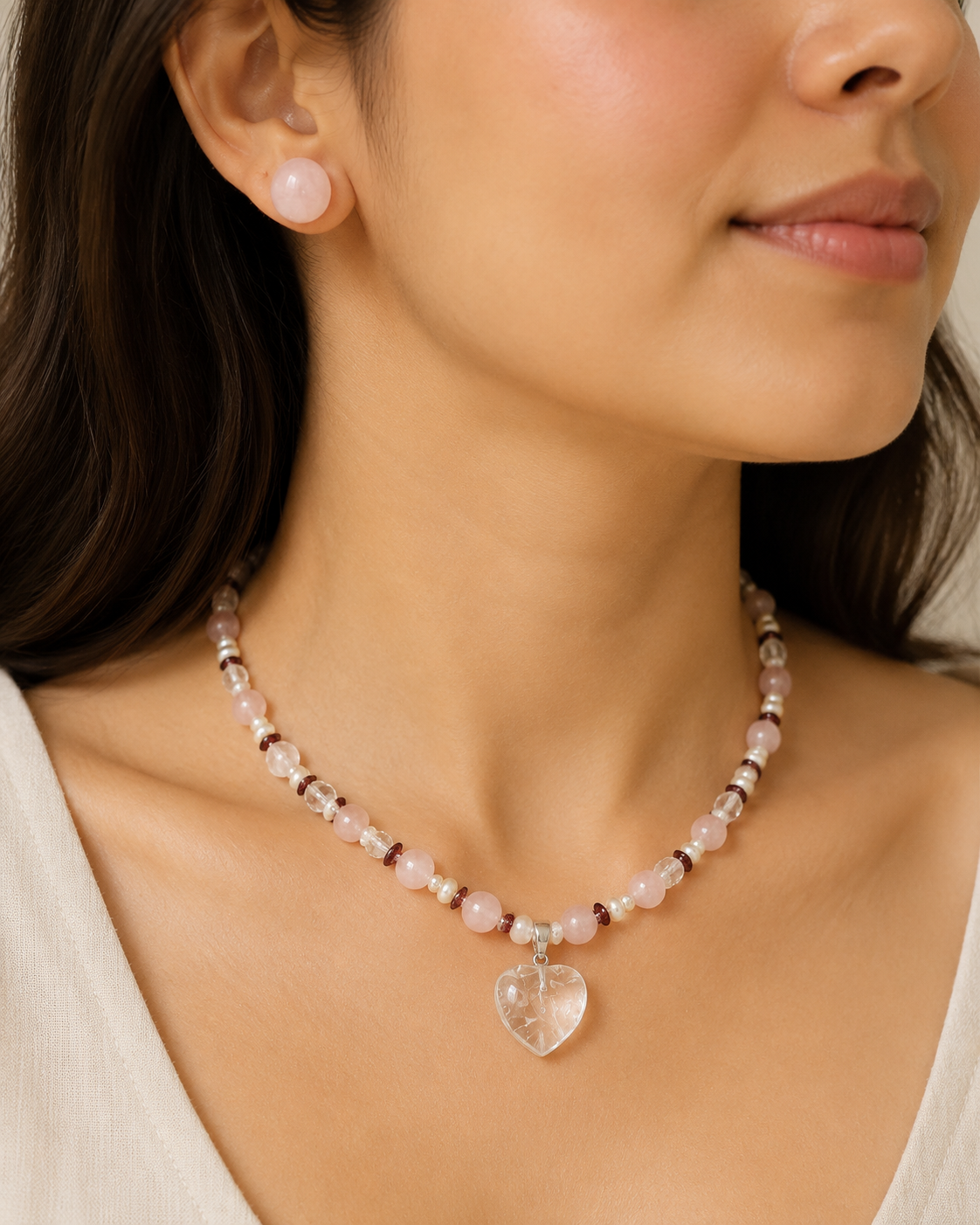 Blush Agate Heart Pendant Necklace Set in a displayed product view