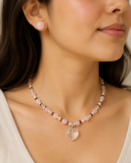 Blush Agate Heart Pendant Necklace Set in a displayed product view