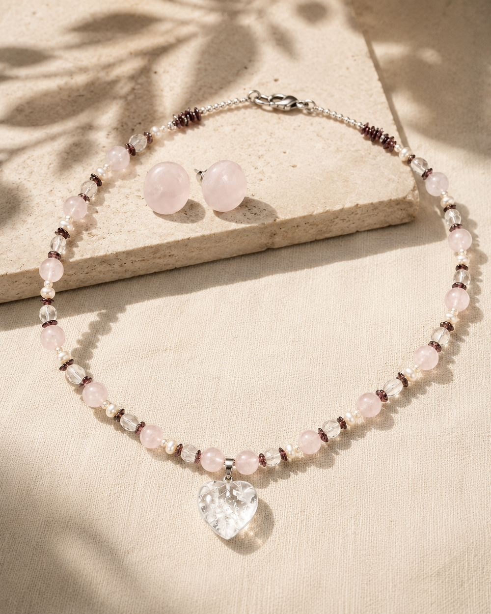 Blush Agate Heart Pendant Necklace & Rose Quartz Stud Earring