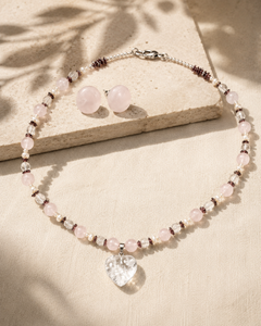 Blush Agate Heart Pendant Necklace & Rose Quartz Stud Earring