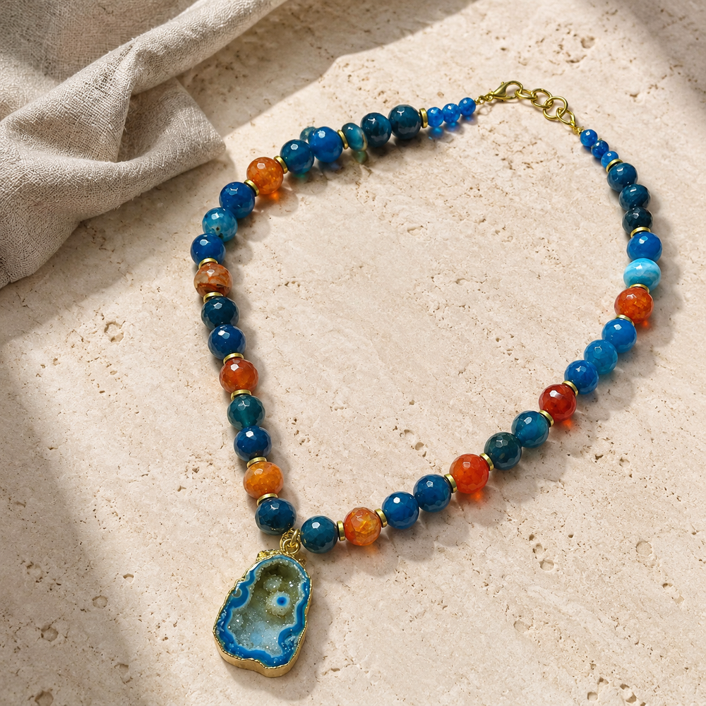 Cobalt Blue Agate Slice Pendant Necklace