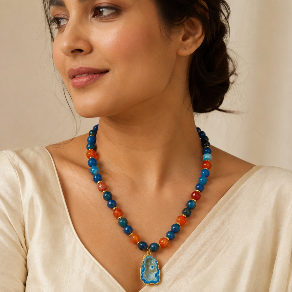 Cobalt Blue Agate Slice Pendant Necklace