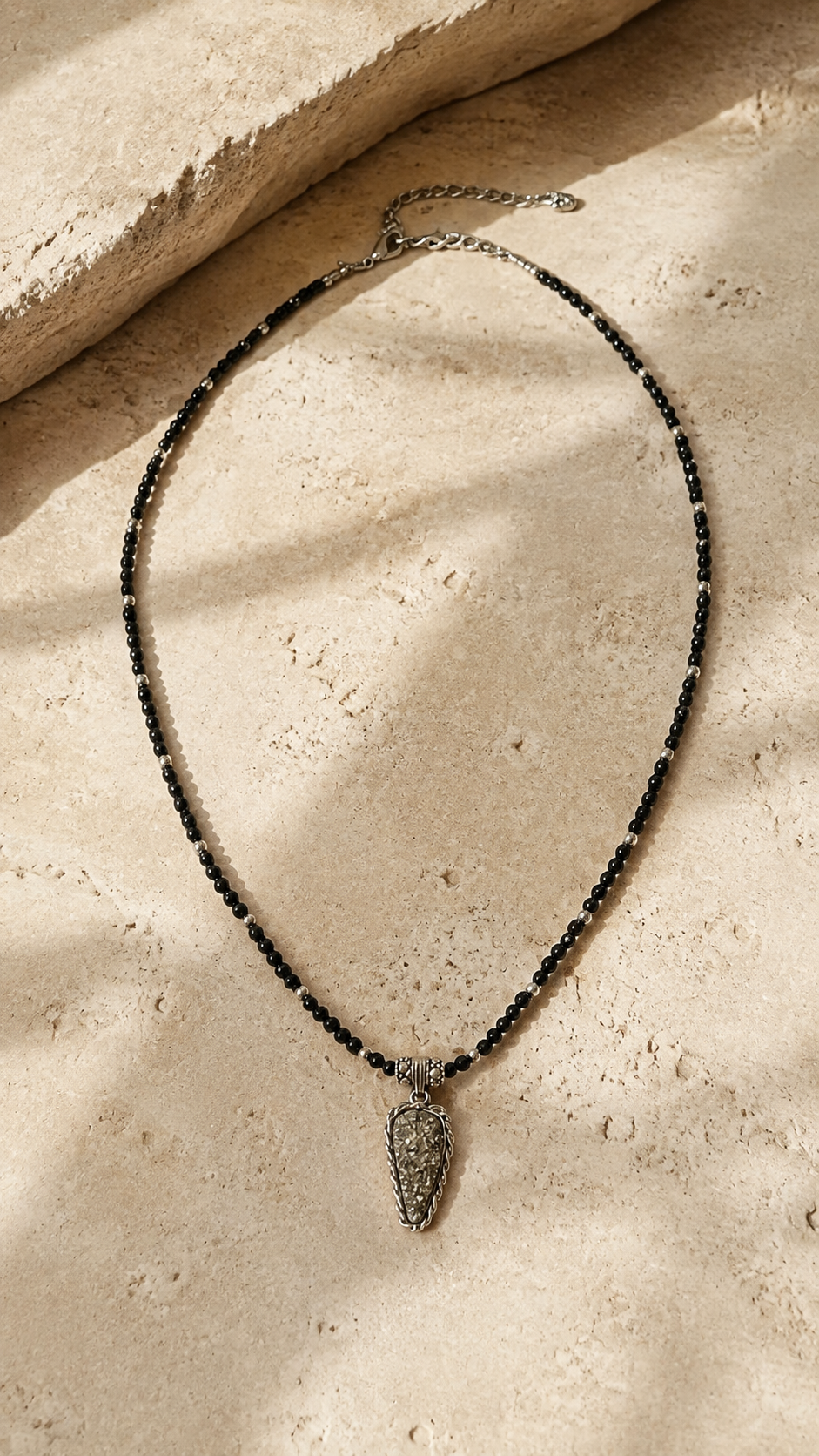 Midnight Spark Black Beaded Pyrite Pendant Necklace