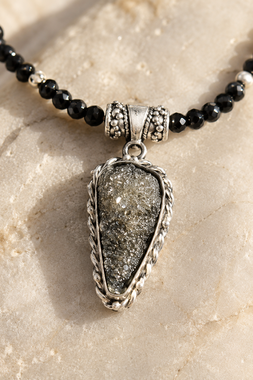 Midnight Spark Black Beaded Pyrite Pendant Necklace