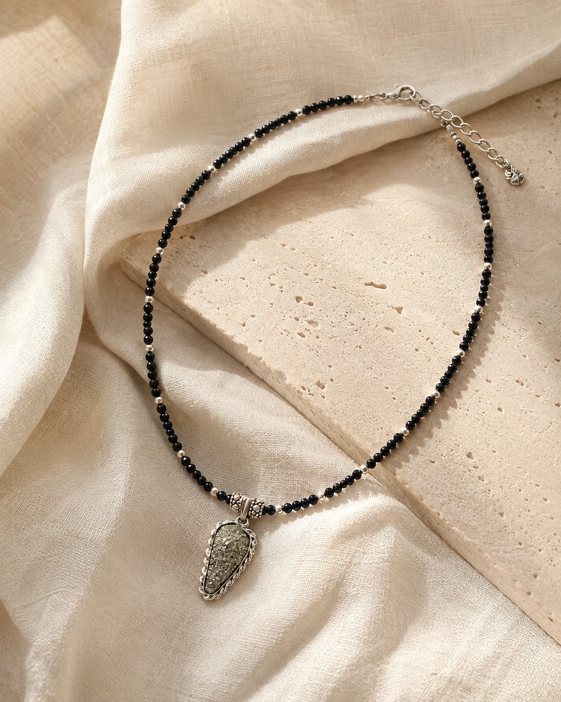 Midnight Spark Black Beaded Pyrite Pendant Necklace