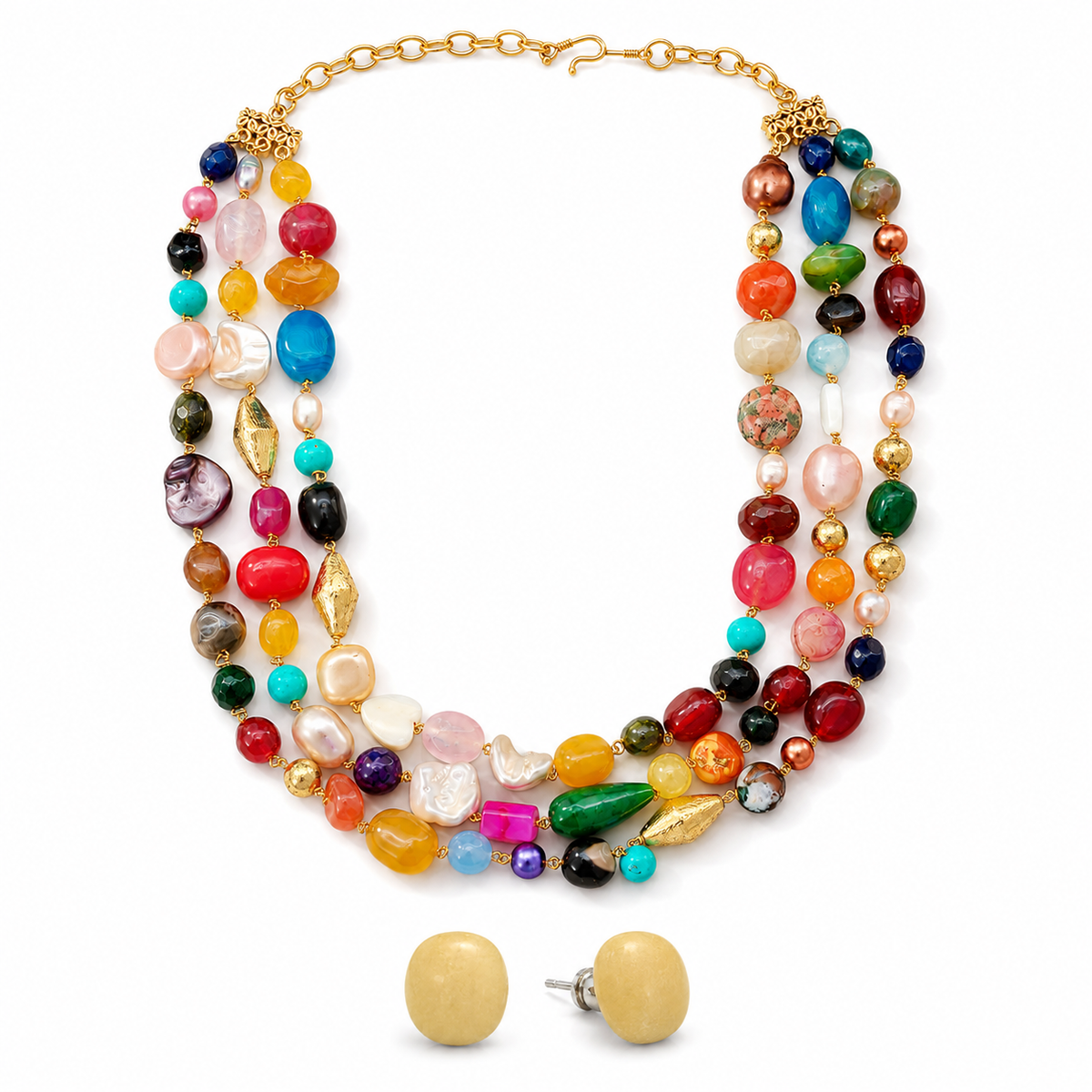The Kaleidoscope Multicolour Agate Three-Layer Necklace with Yellow Jade Studs