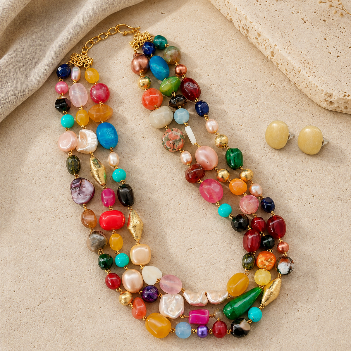 The Kaleidoscope Multicolour Agate Three-Layer Necklace with Yellow Jade Studs
