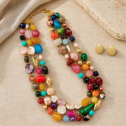 The Kaleidoscope Multicolour Agate Three-Layer Necklace with Yellow Jade Studs